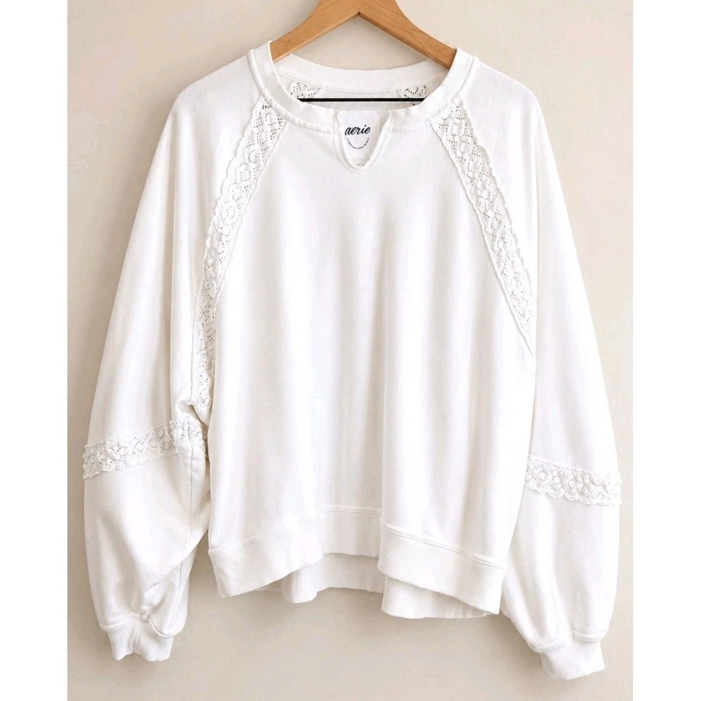 Aerie White Crochet Lace Oversized Sweatshirt XL Cozy Cottagecore Pullover